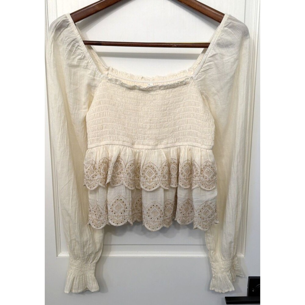 American Eagle Long Sleeve Smock Tier Square Neck Top XS Cream Milk Maid Peasant